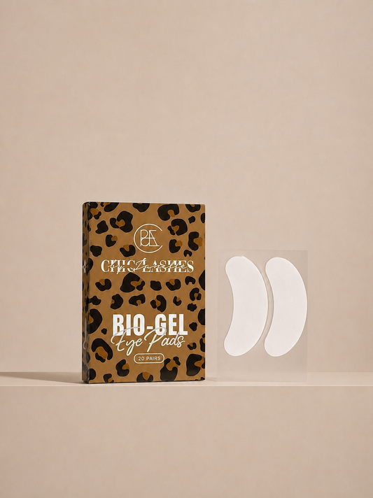 Bio-gel eye pads with leopard print packaging on a beige background